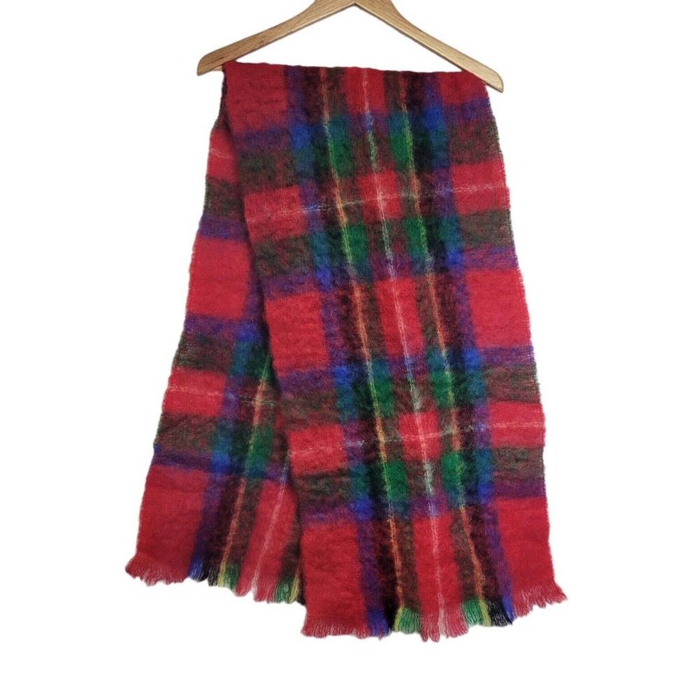 Vintage Mohair Red & Green Tartan Plaid Large Rectangular 64"x16" Scarf